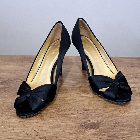 J. Crew Black Heels Women's Size 8 Fabric Upper Bow Open Toe Gold Made in Italy - Picture 16 of 16